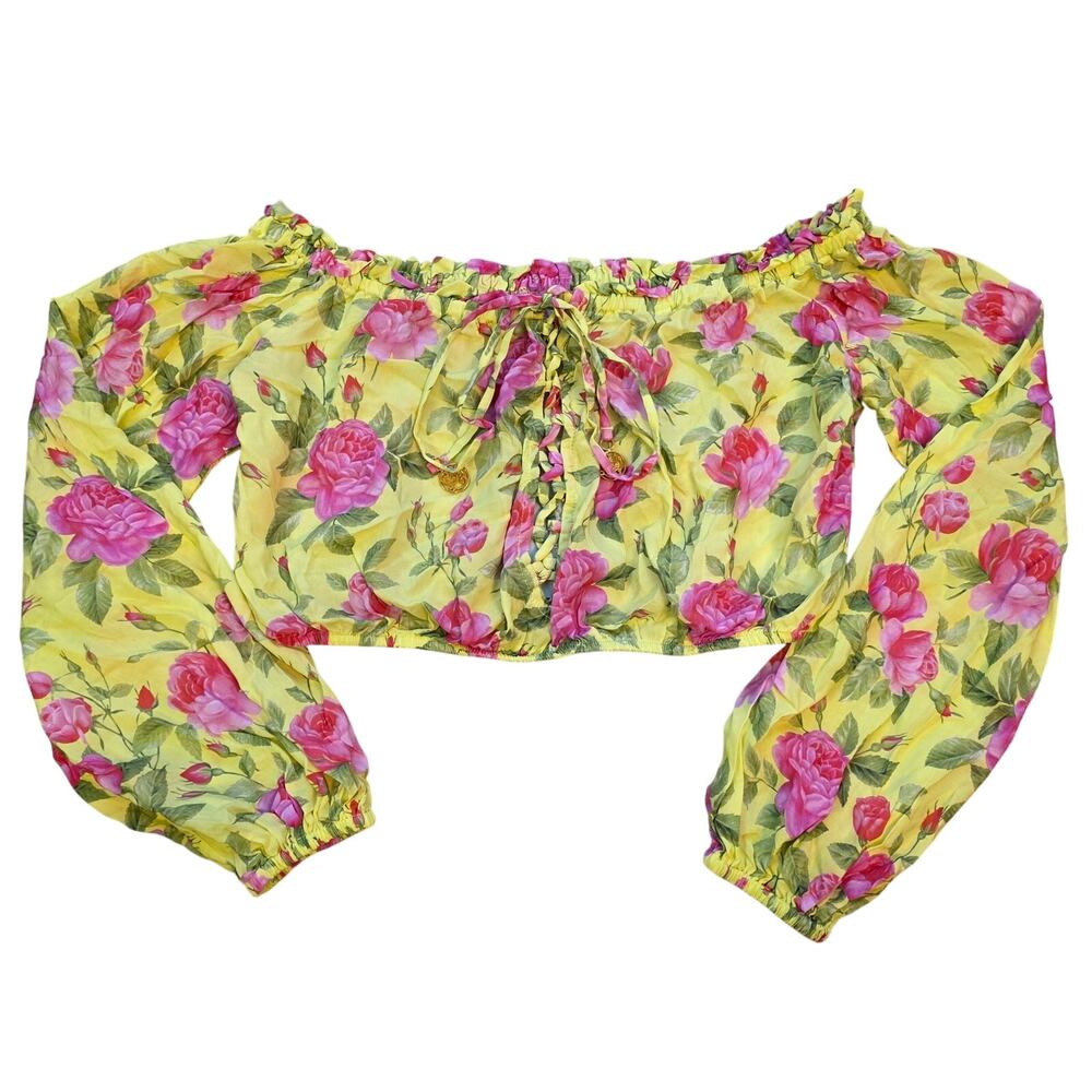 Luli Fama Floral Off Shoulder Crop Top Radiant Yellow Medium NWT Boho